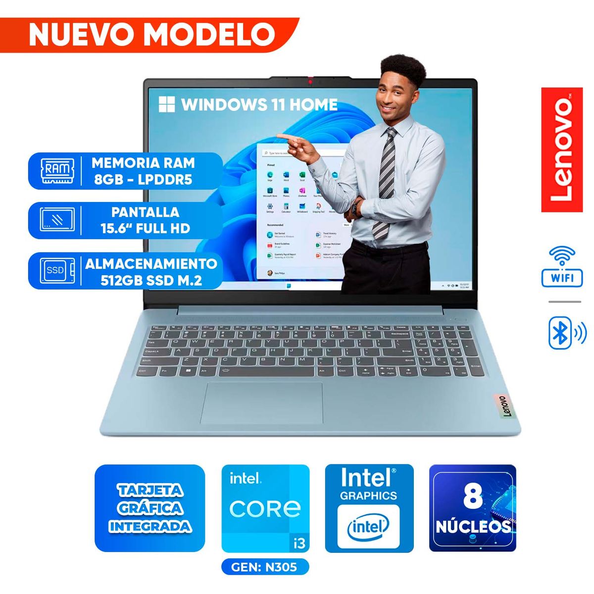LENOVO - Laptop Lenovo IdeaPad Slim 3 15IAN8, INTEL CORE i3 N305, 8GB LPDDR5, 512GB SSD, 15.6 FULL HD