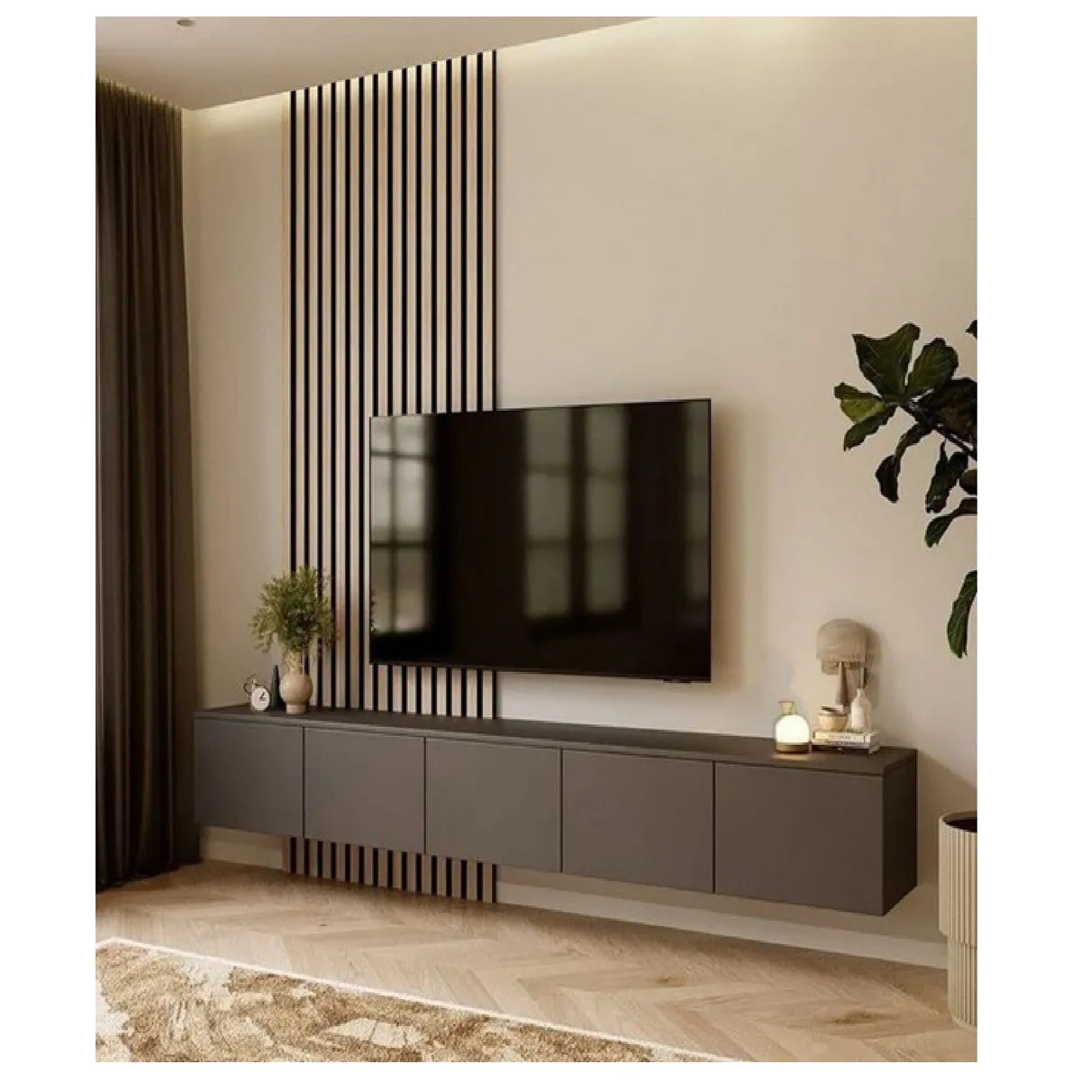 TU MESITA - Mesa de TV Flotante con Wall Panel Mistico color Marrón Oscuro 5 puertas TU MESITA