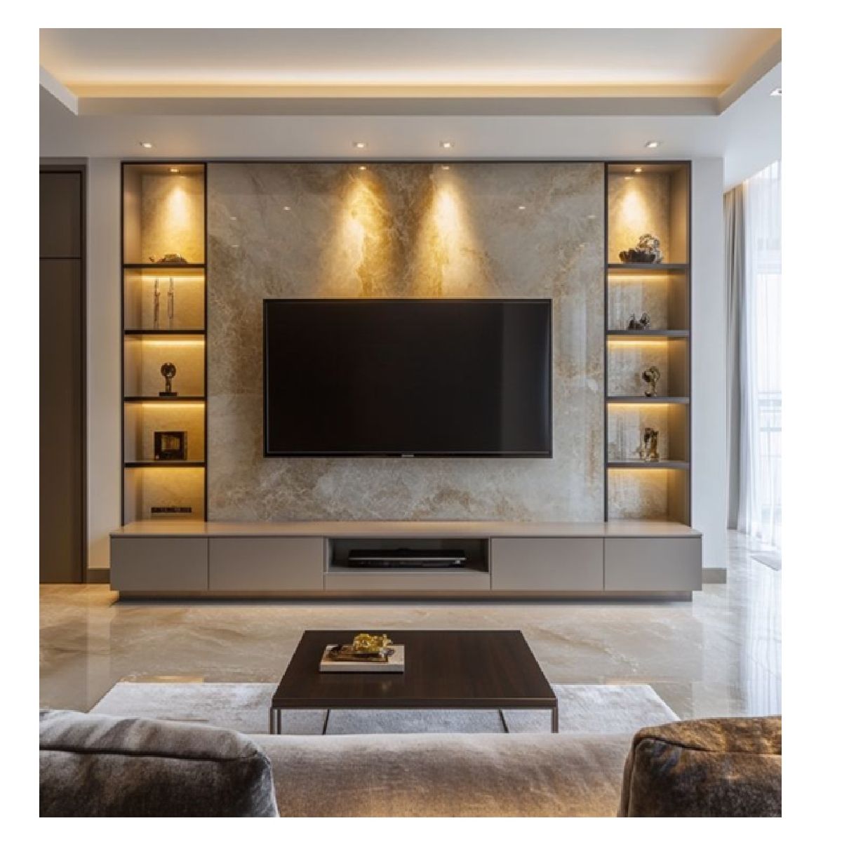 TU MESITA - Centro de Entretenimiento estilo Mármol con Luces Moscú 4 puertas TU MESITA