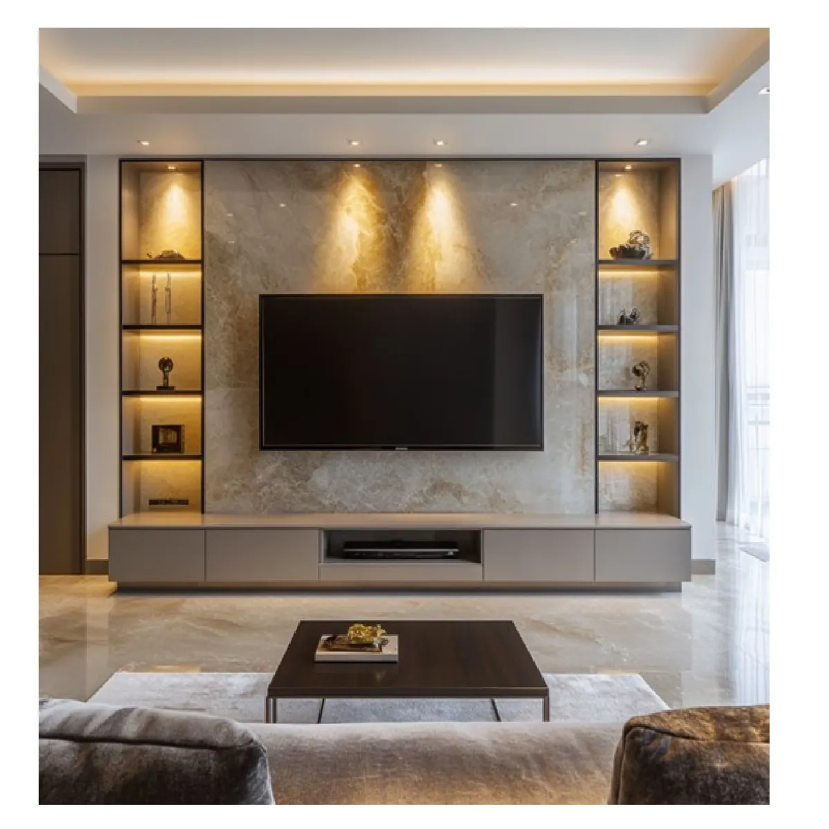 TU MESITA - Centro de Entretenimiento estilo Mármol con Luces Moscú 4 puertas TU MESITA