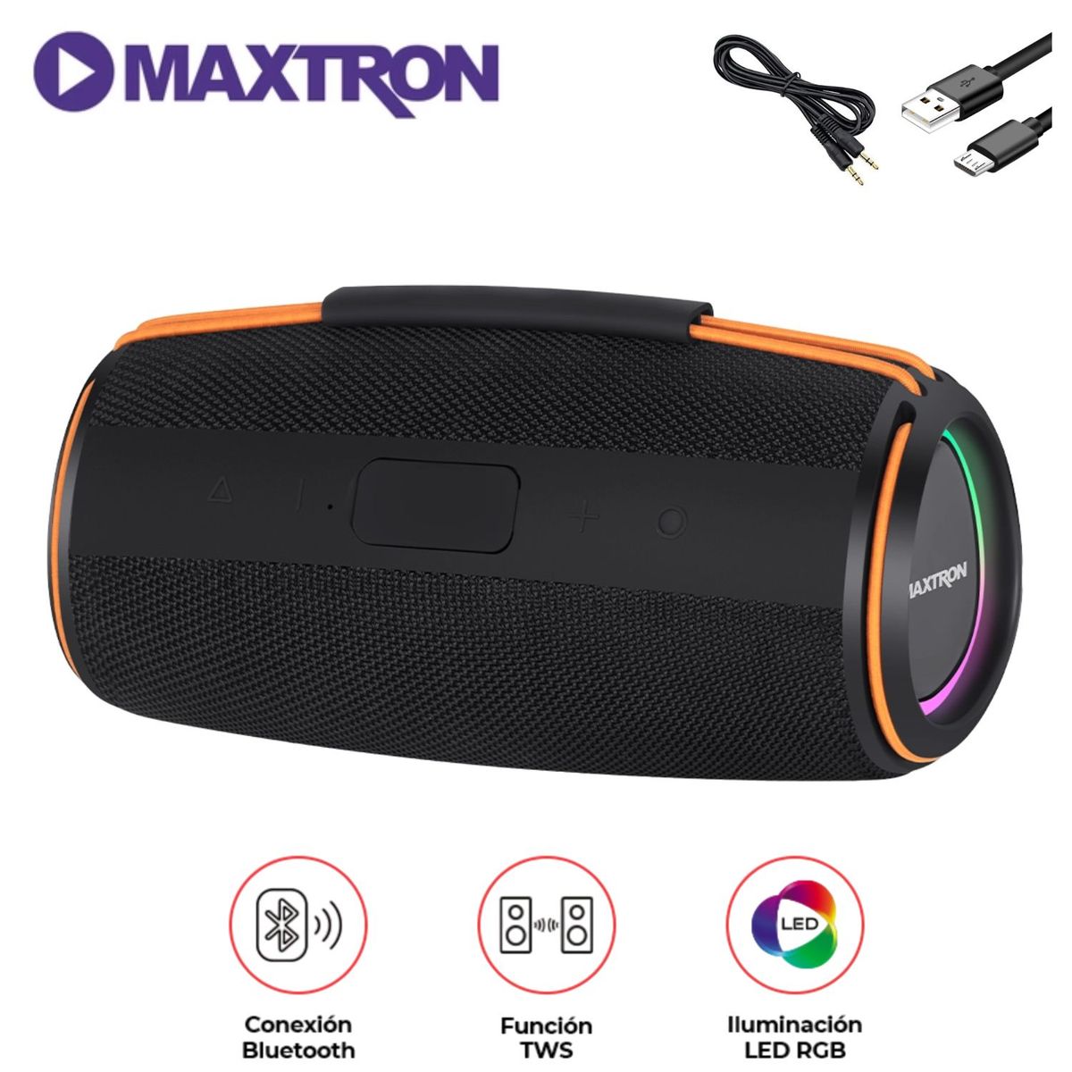 MAXTRON - Parlante Boomer MX302 BT USB TWS Luces ONOFF 74V3000mAH