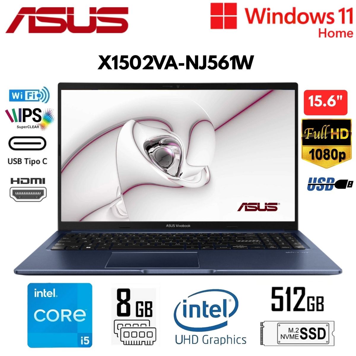 ASUS - Laptop Asus Vivobook Intel Core i5-13420H 8GB RAM 512GB SSD 15,6 pulg. FHD Windows 11 X1502VA-NJ561W