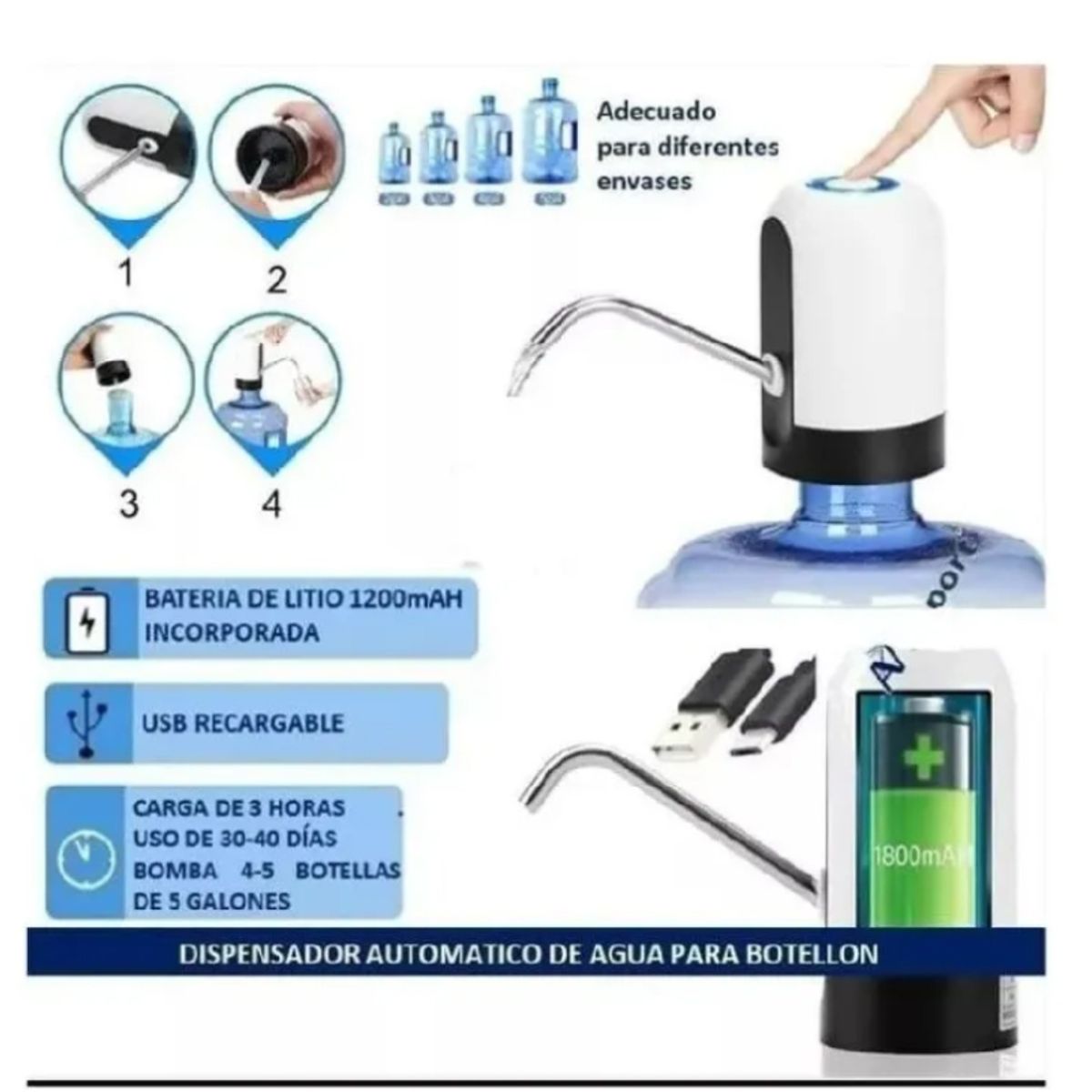 GENERICO - Dispensador de Agua Automática Recargable USB