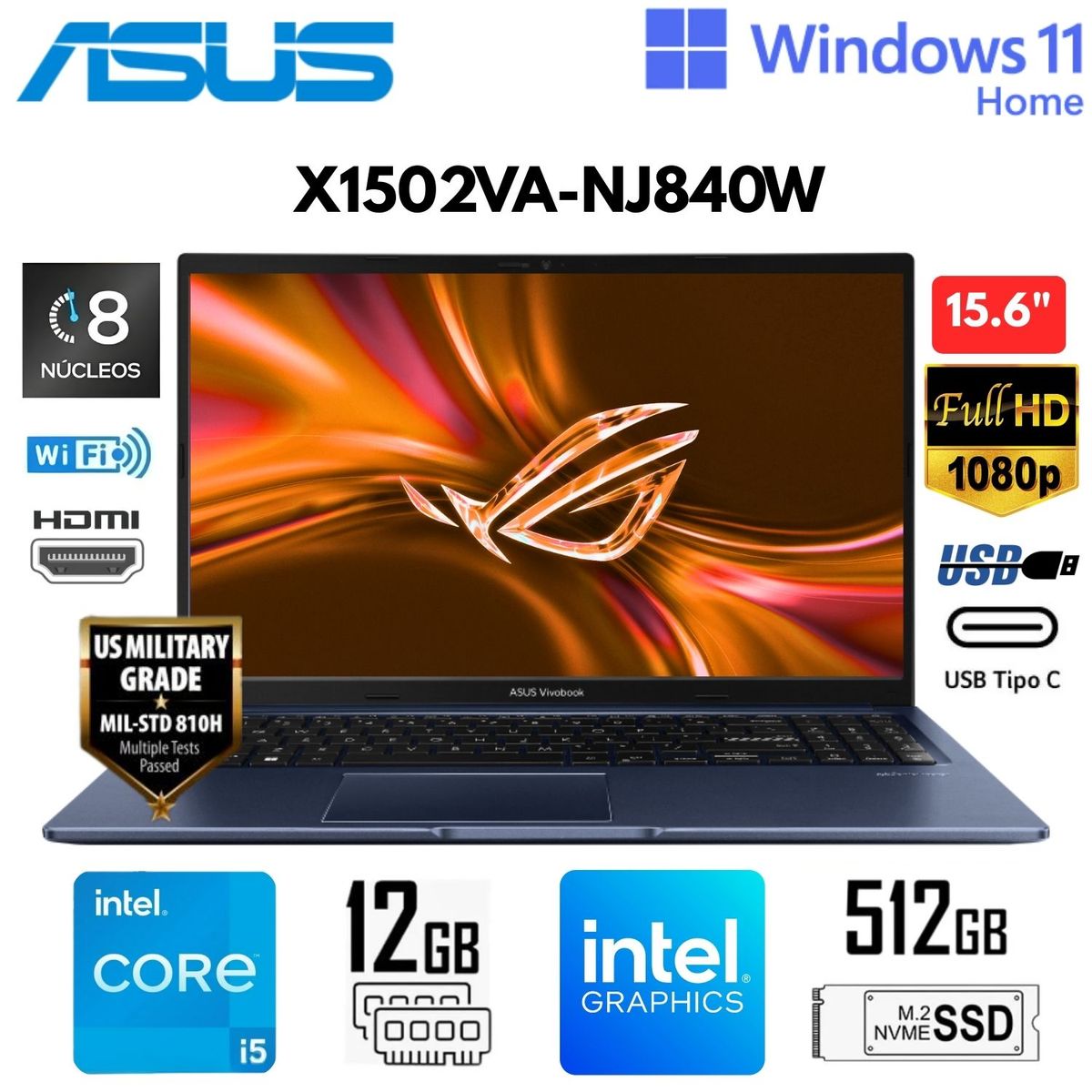ASUS - Laptop Asus Vivobook 15 Intel Core I5-13420h 12GB RAM 512SSD 15.6" FHD Windows 11 - X1502VA-NJ840W