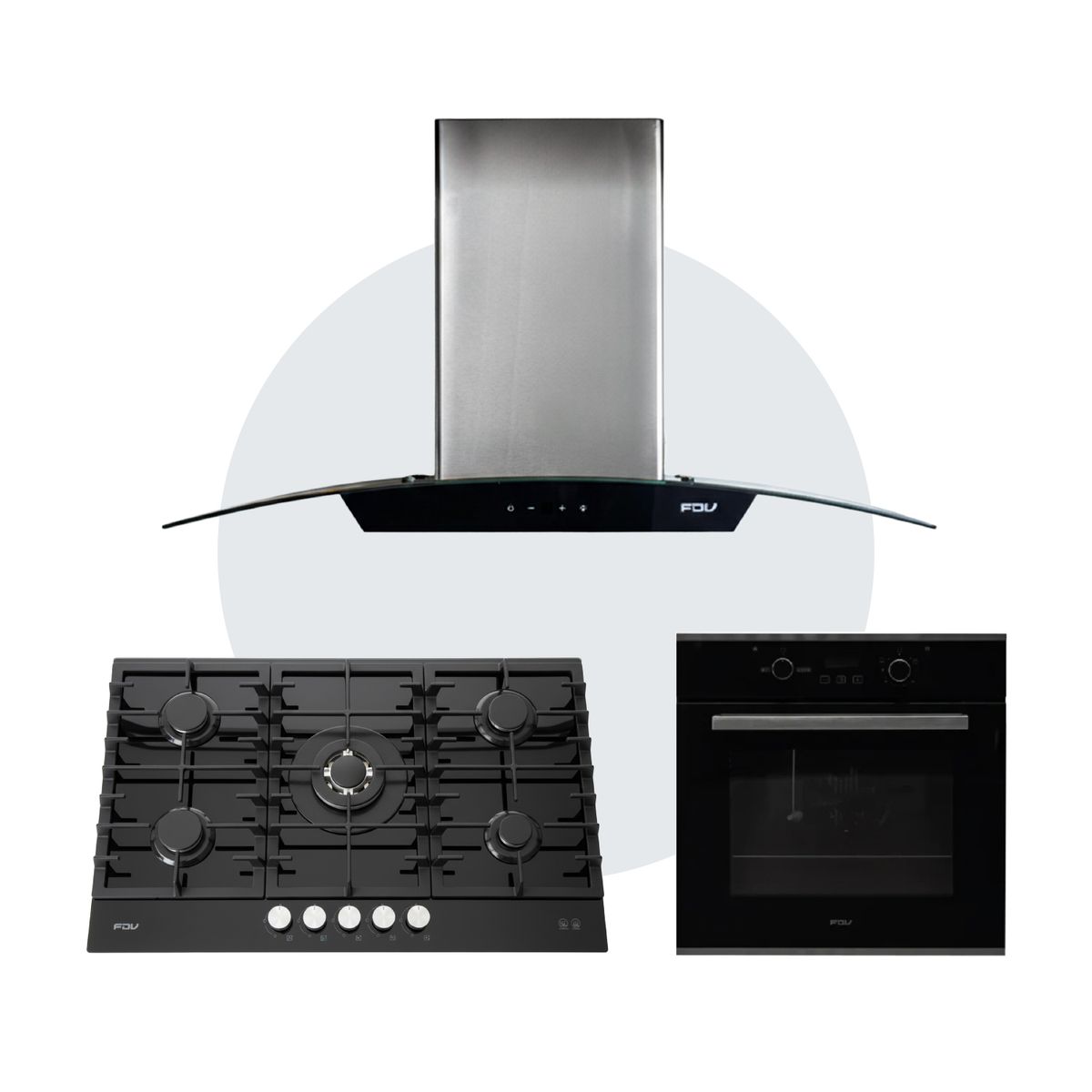 FDV - COMBO FDV CAMPANA CRYSTAL 90 + ENCIMERA CHEF GLASS 90 GLP + HORNO BLACK 70 GLP