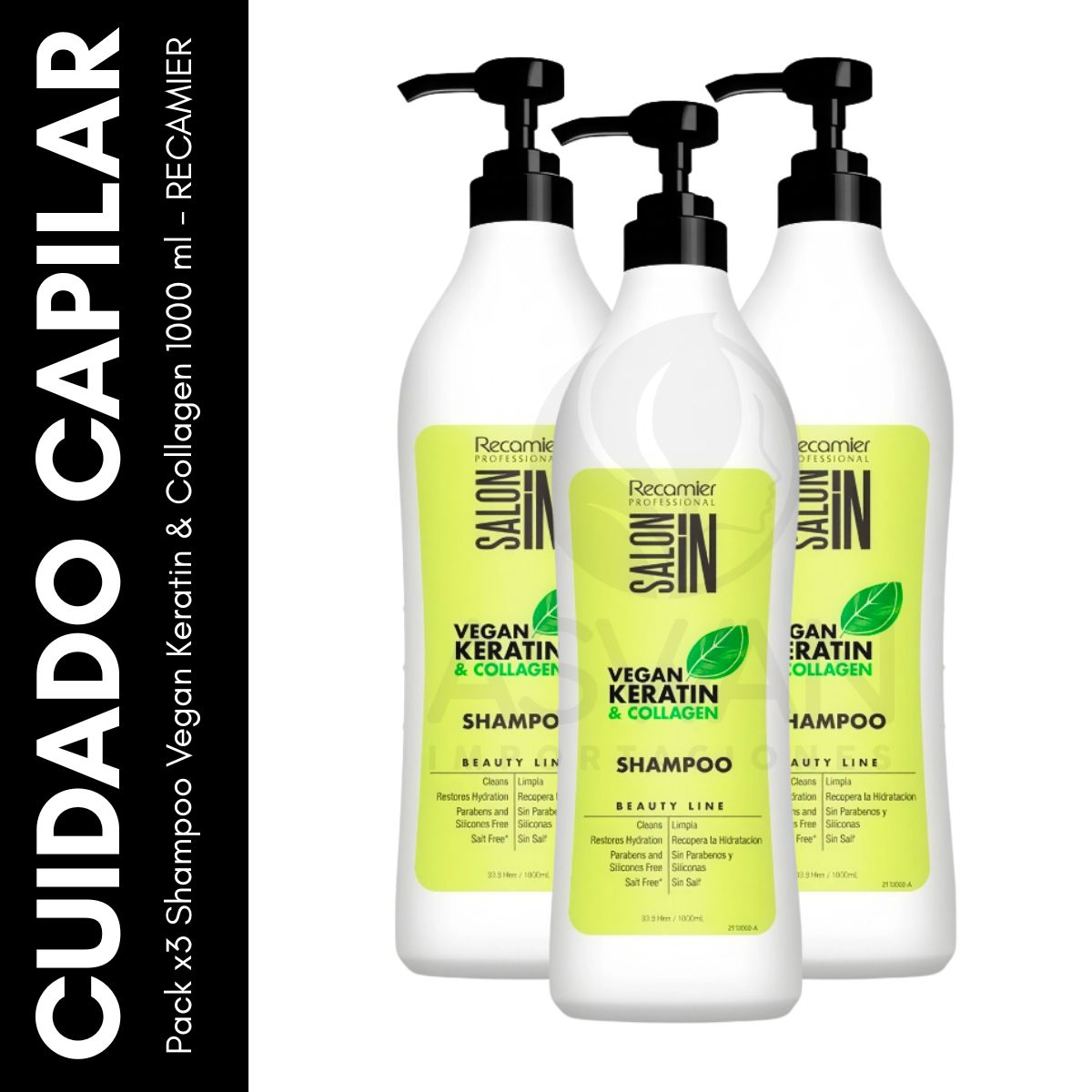 GENERICO - Pack x3 Shampoo Vegan Keratin & Collagen 1000 ml - RECAMIER
