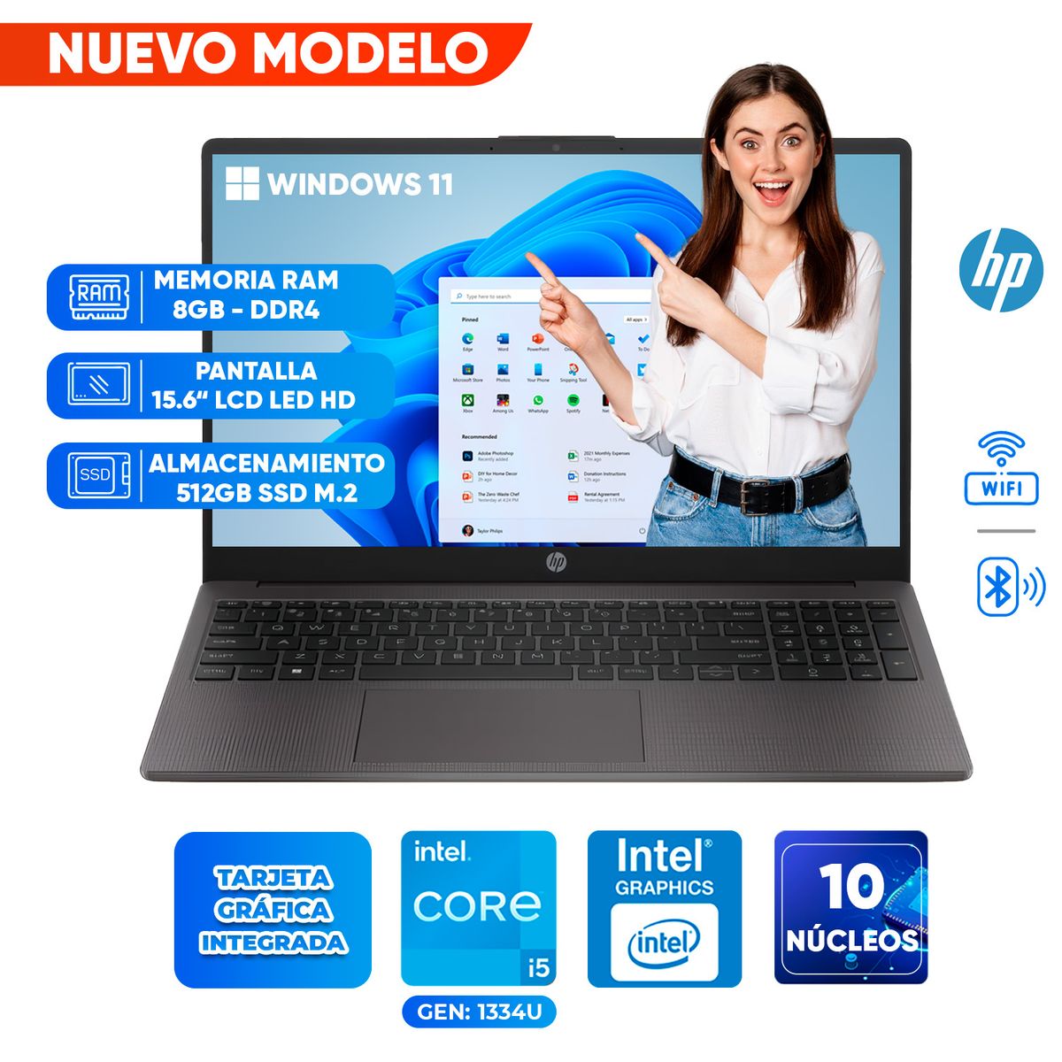 HP - Laptop HP 250 G10, Core i5-1334U, 8GB DDR4, 512GB SSD, 15.6 LCD HD