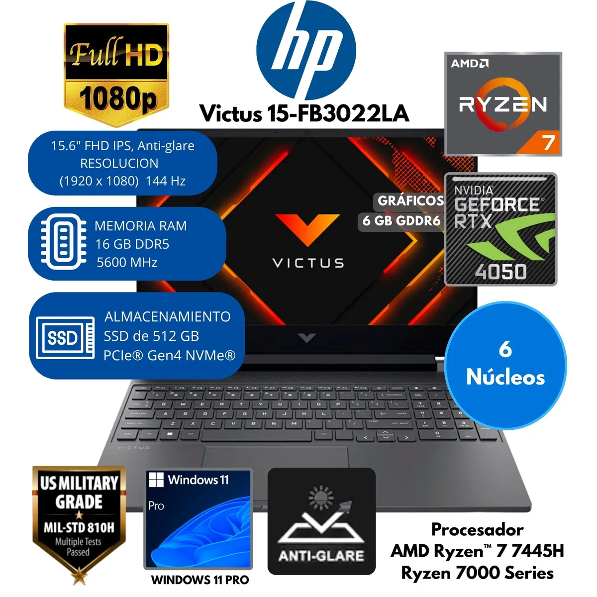 HP - Laptop HP GAMING VICTUS 15-FB3022LA AMD Ryzen 7 RAM 16GB SSD 512GB 15.6" FHD RTX 4050 6GB Windows 11