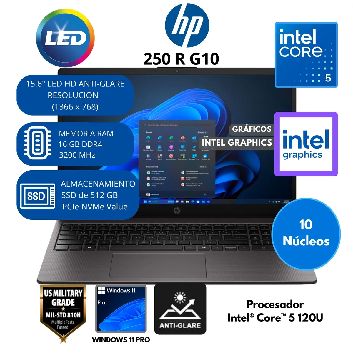 HP - Laptop HP Intel Core 5 (250 R G10) RAM 16 GB SSD 512 GB 15.6" LED Windows 11 PRO