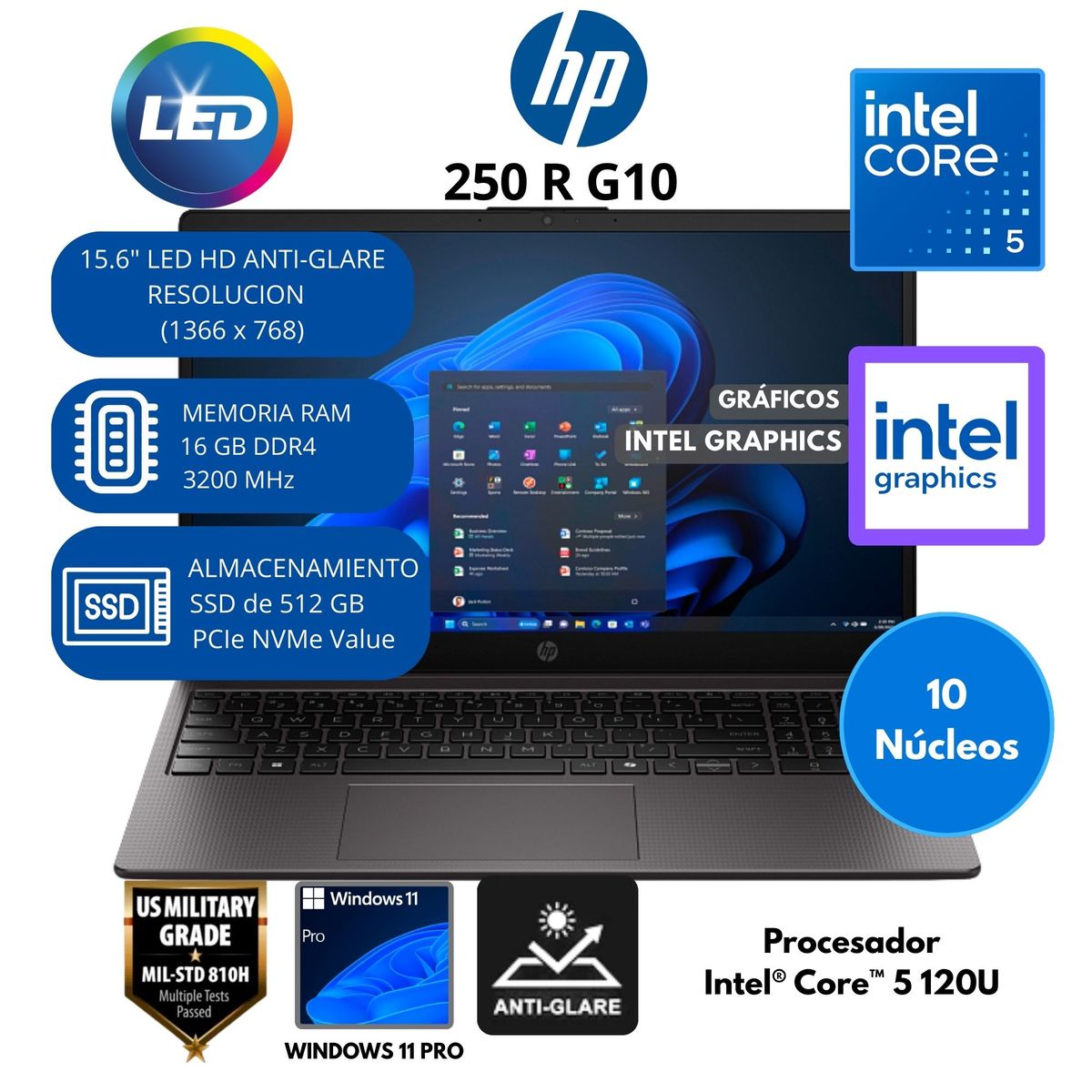 HP - Laptop HP Intel Core 5 (250 R G10) RAM 16 GB SSD 512 GB 15.6" LED Windows 11 PRO