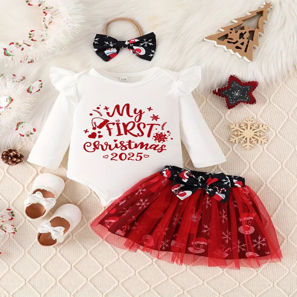 GENERICO - VESTIDO DE BEBÉ NIÑA NAVIDAD - SET DE 3 PIEZAS