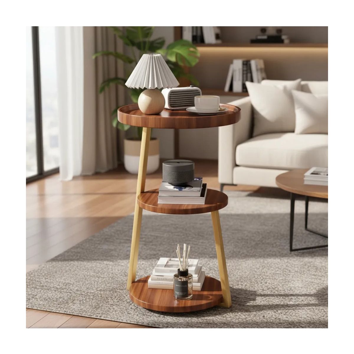 EVERSO - Mesa De Centro Lateral Living Redonda Doble Madera Nactural