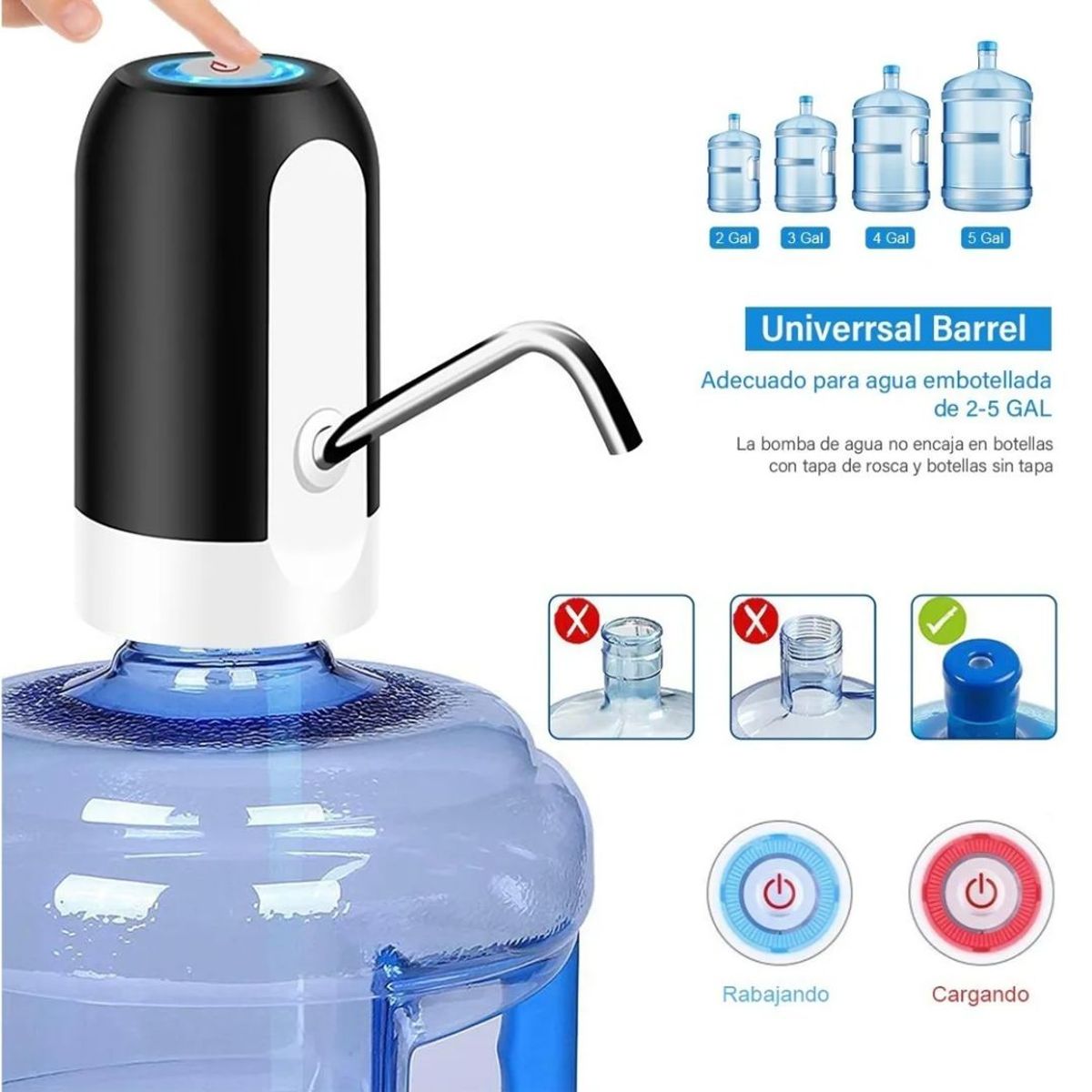 GENERICO - Dispensador de Agua Eléctrico Automático Recargable y Tubo Acero Inoxidable para Bidones 5 a 20 L