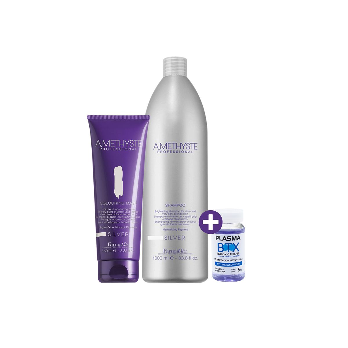 FARMAVITA - Shampoo de Litro silver y Mascara silver de 250 ml - Amethyste + Tramiento Botox
