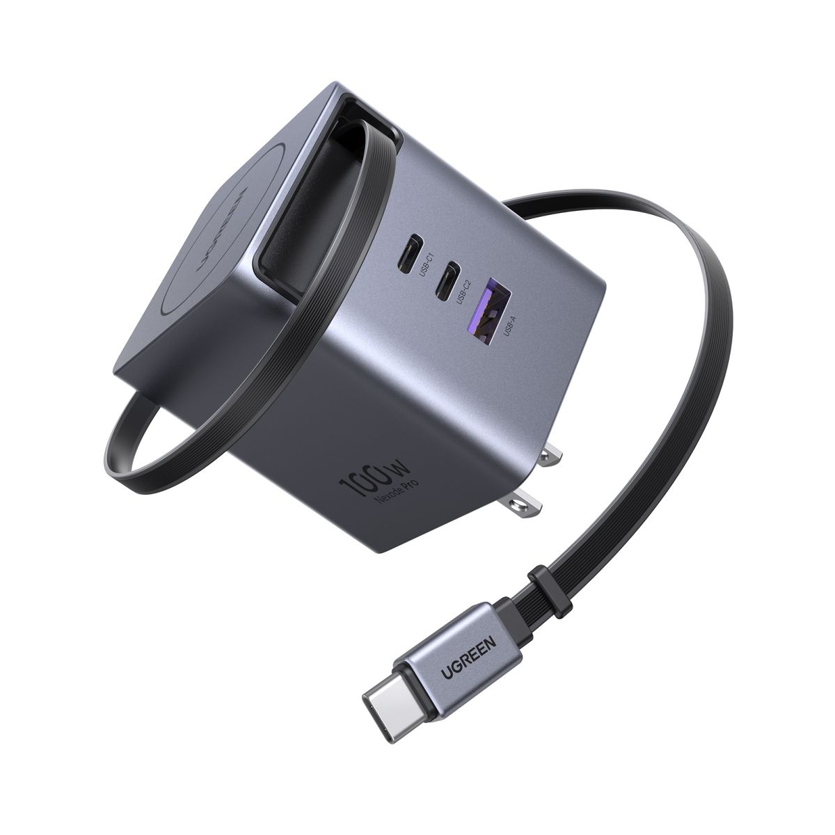 UGREEN - Cargador Carga Rápida UGREEN 100W GaN con Cable Retráctil 3 Puertos USB-CUSB-A