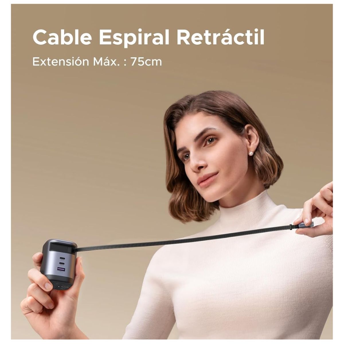 UGREEN - Cargador Carga Rápida UGREEN 100W GaN con Cable Retráctil 3 Puertos USB-CUSB-A