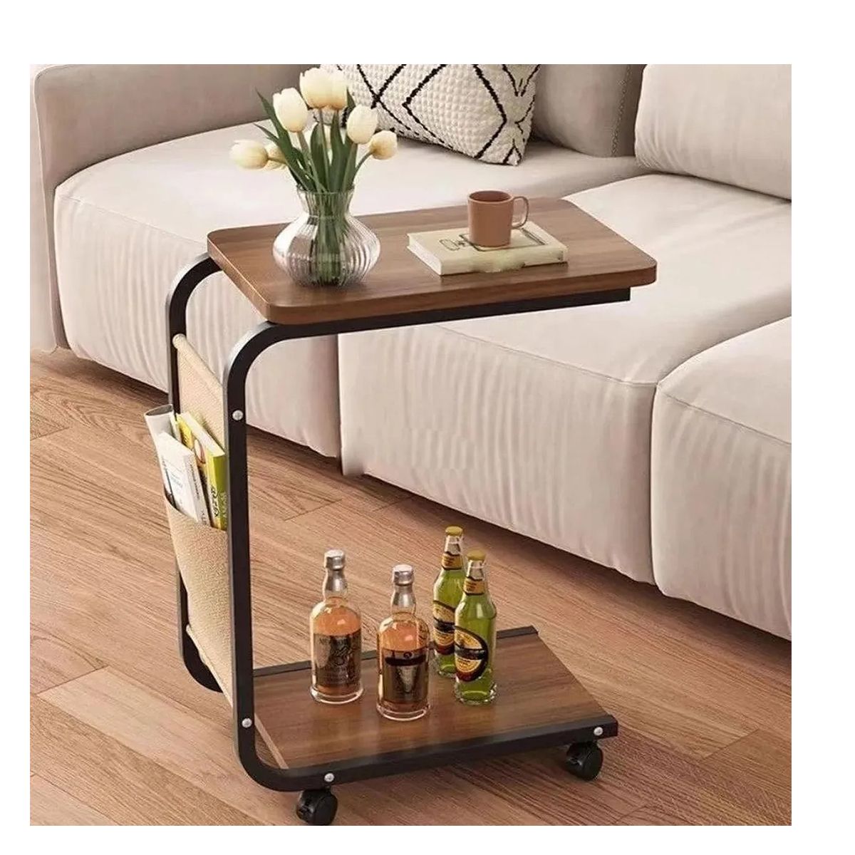 EVERSO - Mesa Auxiliar Con Ruedas 2 Niveles Para Sala Sofa Y Cama