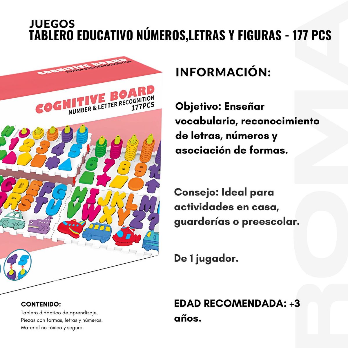 GENERICO - TABLERO EDUCATIVO NÚMEROS LETRAS Y FIGURAS 177 PIEZAS