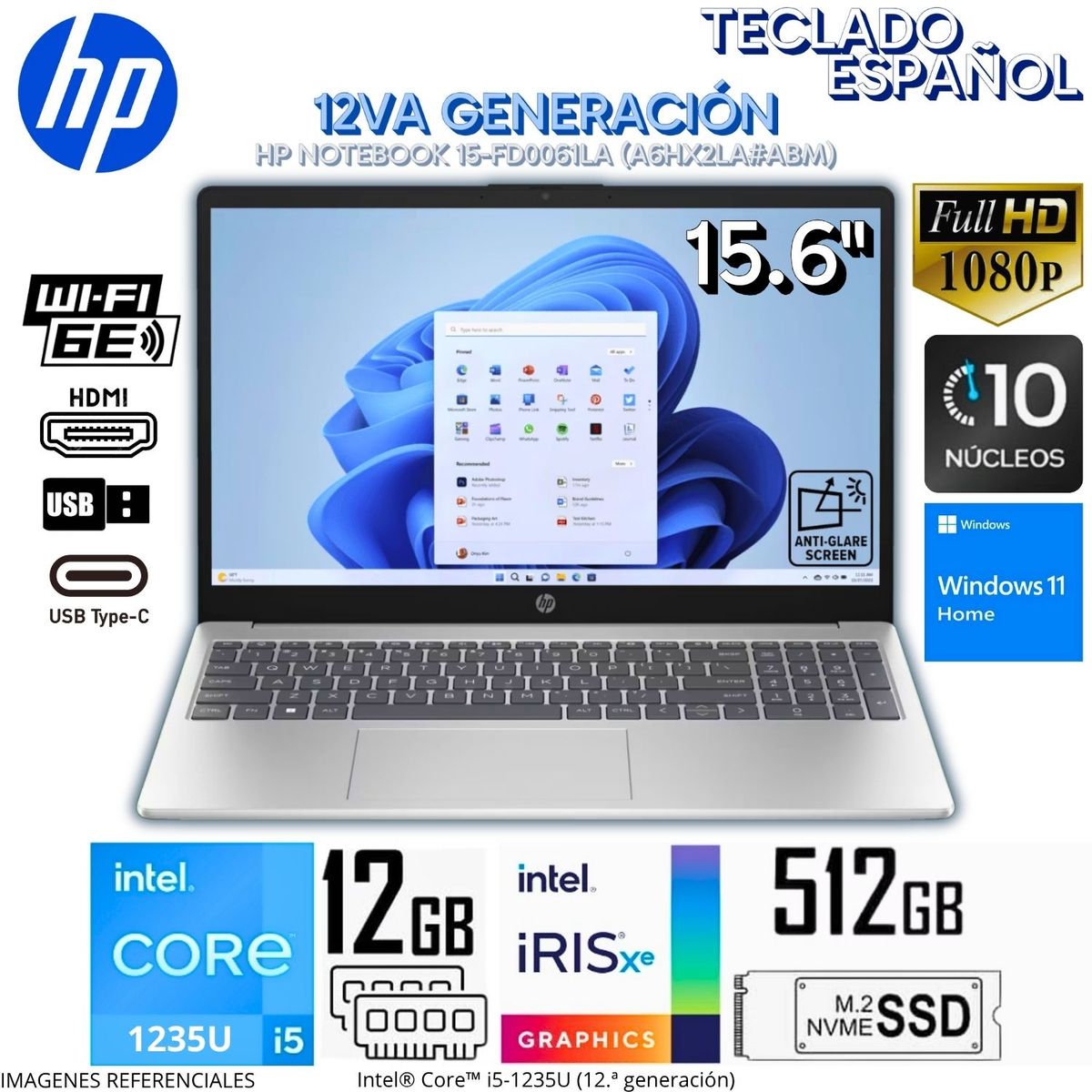 HP - Laptop HP Notebook 15-FD0061LA Intel Core i5-1235U 12GB RAM 512GB SSD 15.6 HD WIN 11 A6HX2LA