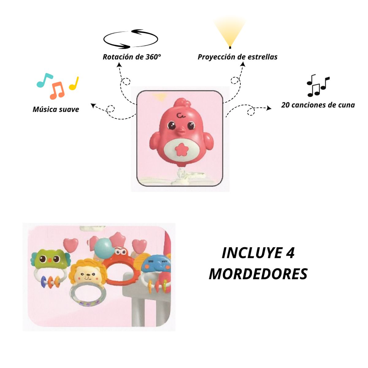 BIBI - Móvil Cuna Giratorio Musical Con Proyector para Bebé Rosado