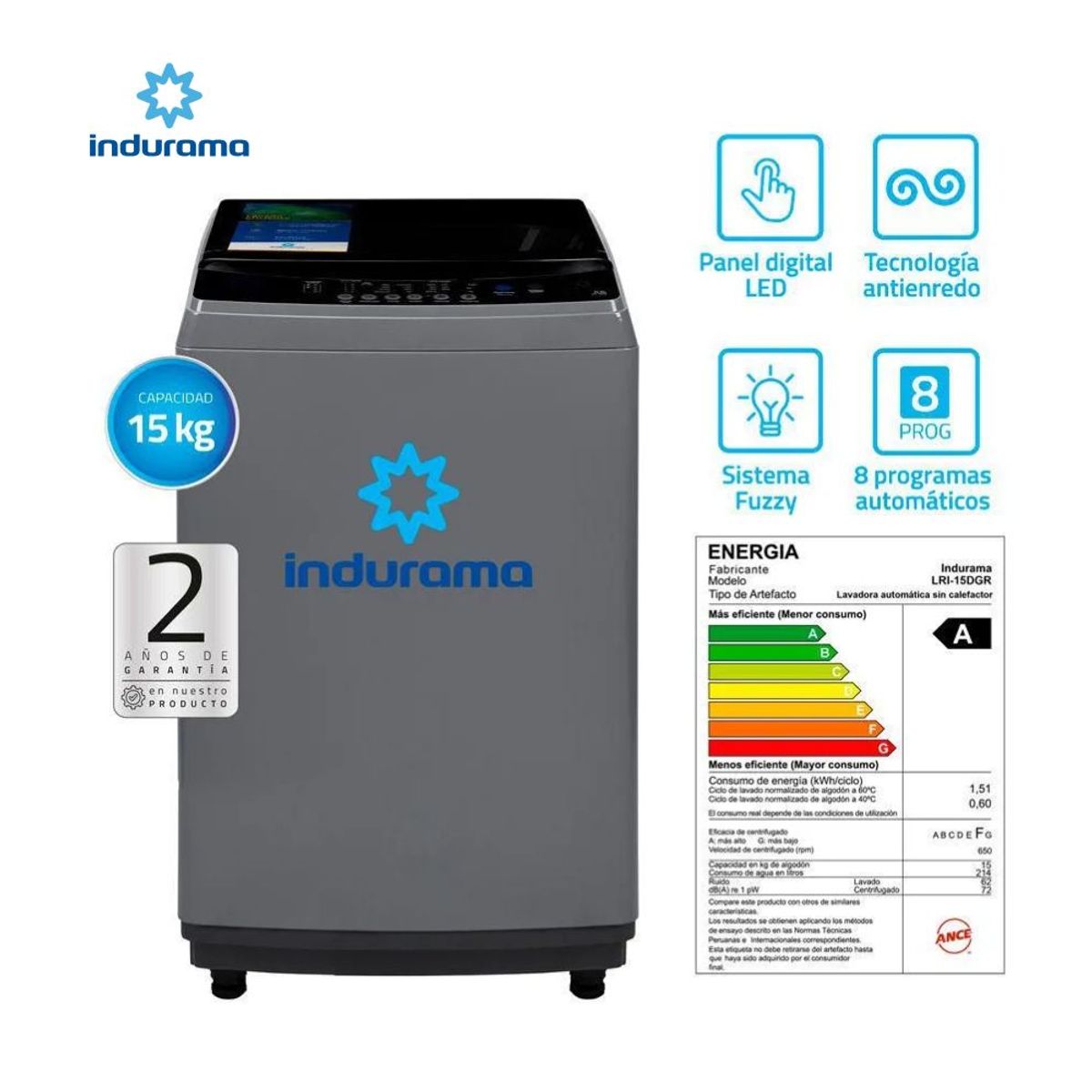 INDURAMA - Lavadora Indurama LRI-15DGR 15Kg Gris Oscuro