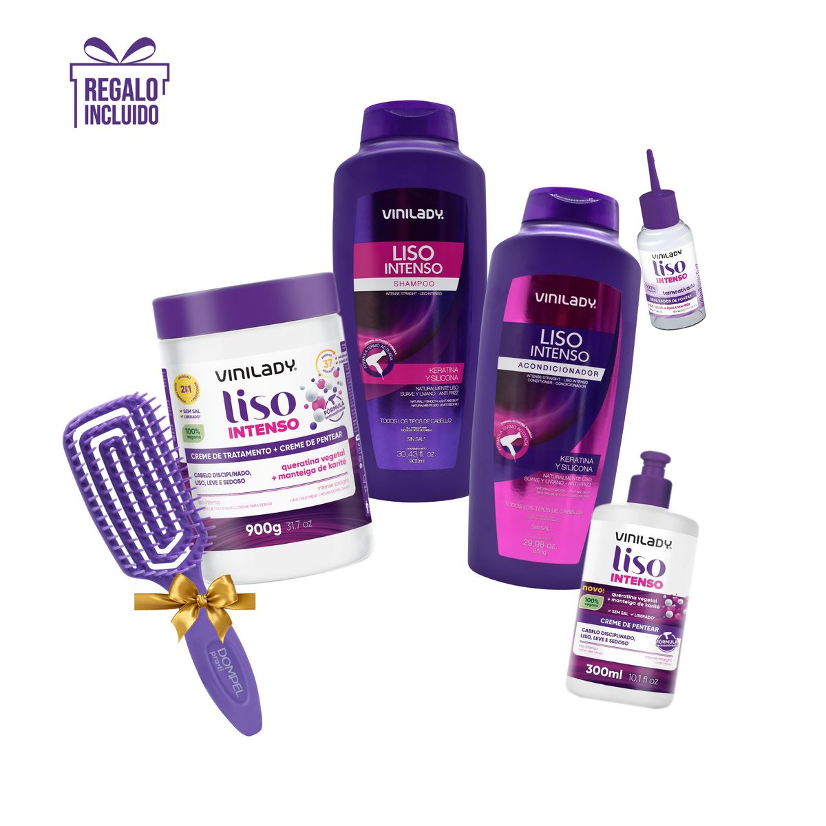 VINILADY - Shampoo + acondicionador + tratamiento + crema de peinar + serum LISO INTENSO + REGALO Cepillo Inca Lila