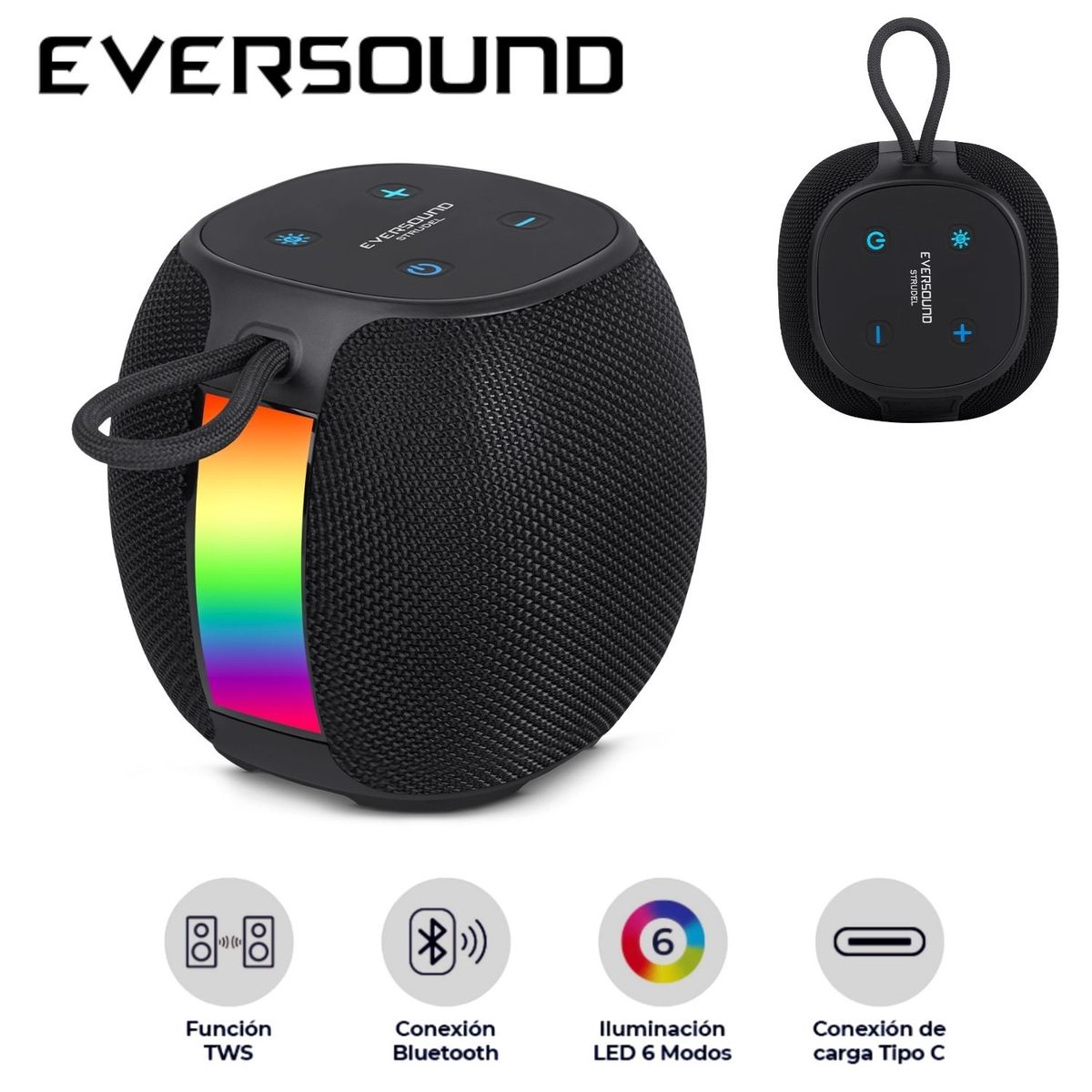 EVERSOUND - Parlante Strudel EV 500 BT USB TWS Luces RGB 3.7V/2400MAH