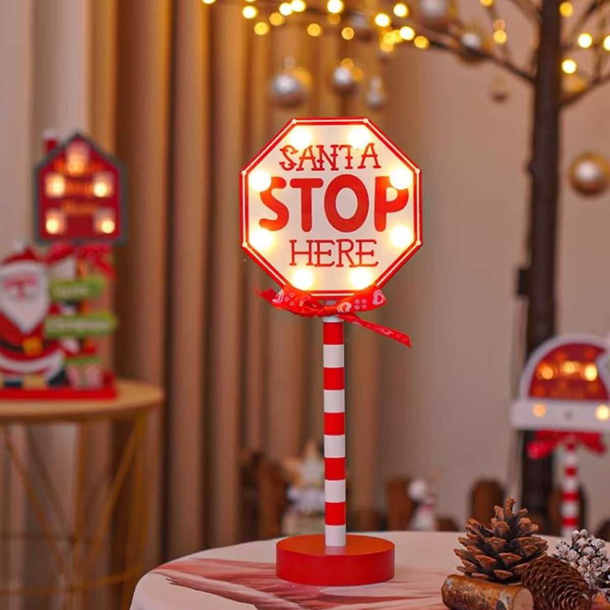 GENERICO - Letrero Decorativo Luminoso “Santa Stop Here” Octagonal