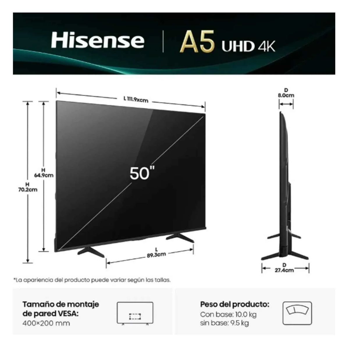 HISENSE - Televisor Hisense Led 50 Smart UHD 4K VIDAA 50A5NV 2025