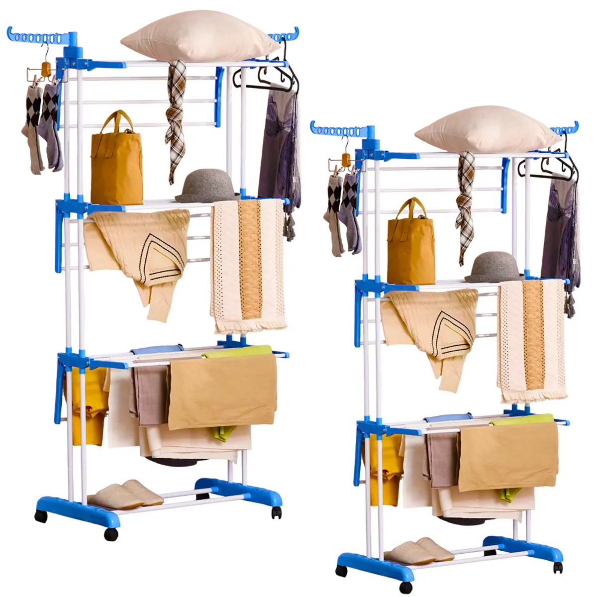 GENERICO - 2 Tendederos de Ropa Plegable 4 Niveles con Ruedas Giratorias y Soporte 40kg