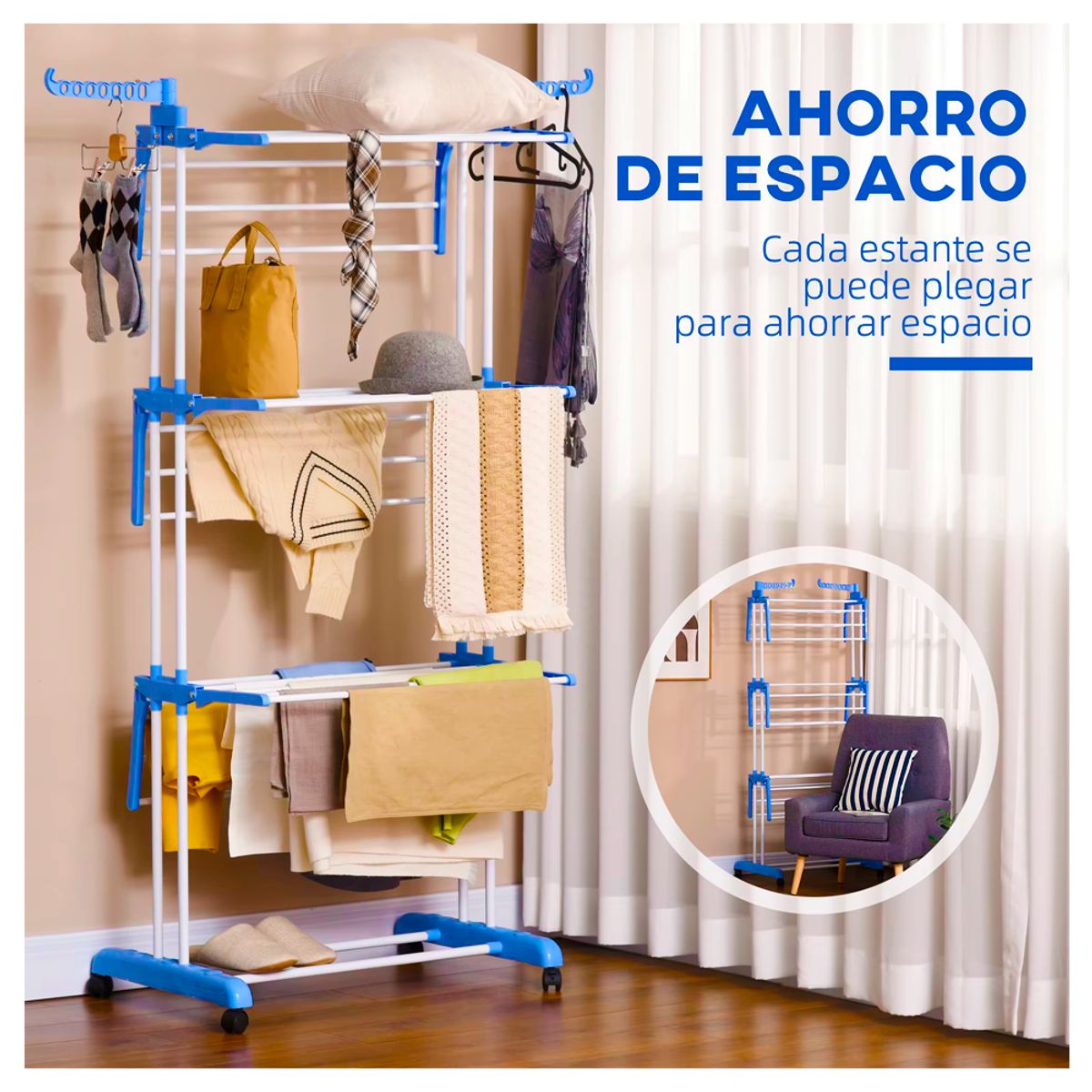 GENERICO - 2 Tendederos de Ropa Plegable 4 Niveles con Ruedas Giratorias y Soporte 40kg