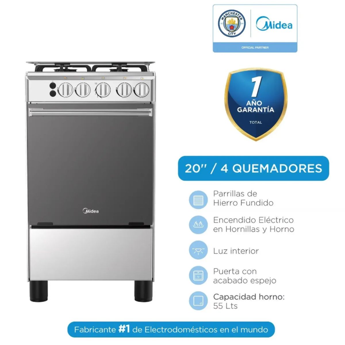 MIDEA - Cocina a Gas MIDEA 4 Quemadores MGS20F0LJAGG Silver
