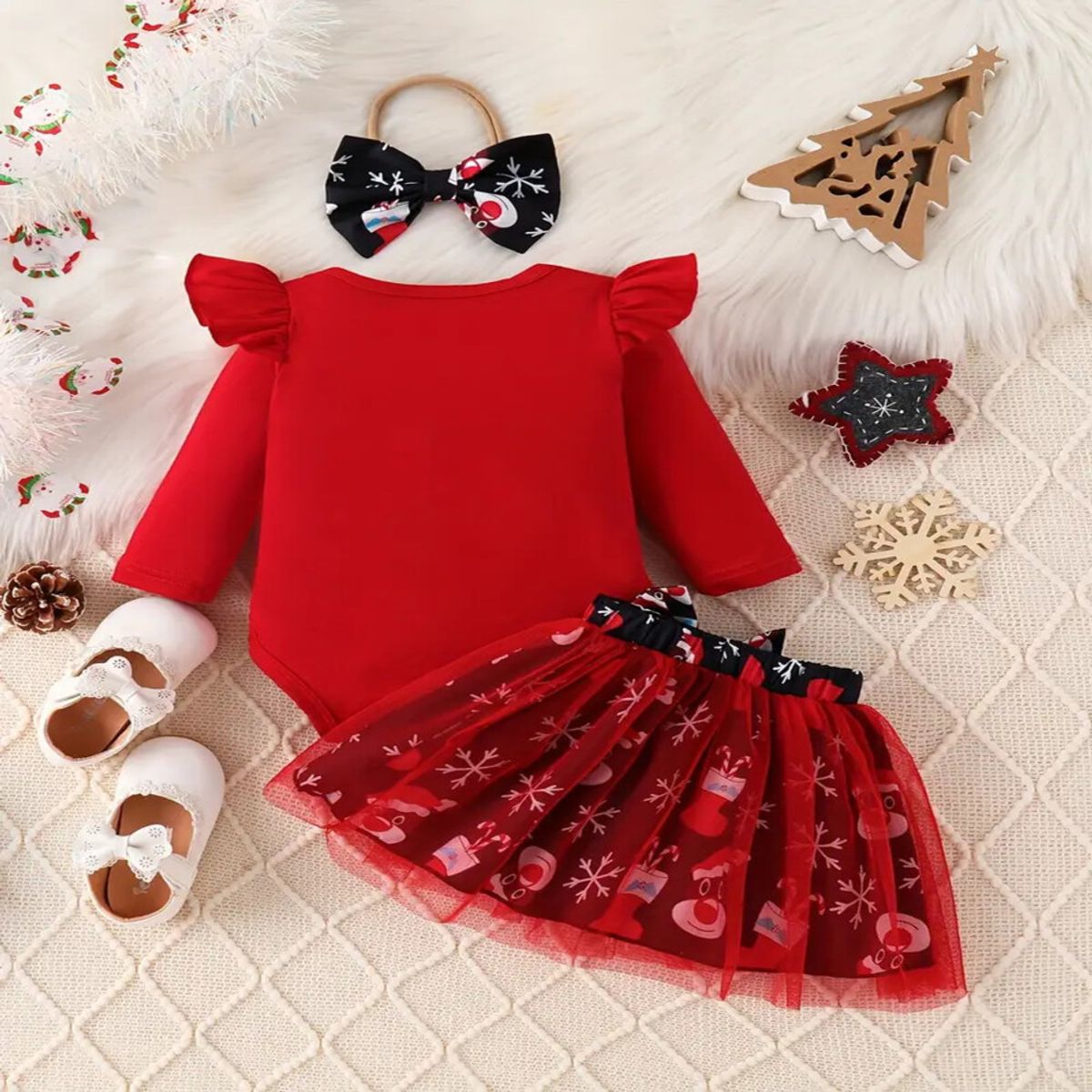 GENERICO - VESTIDO DE BEBÉ NIÑA NAVIDAD - SET DE 3 PIEZAS