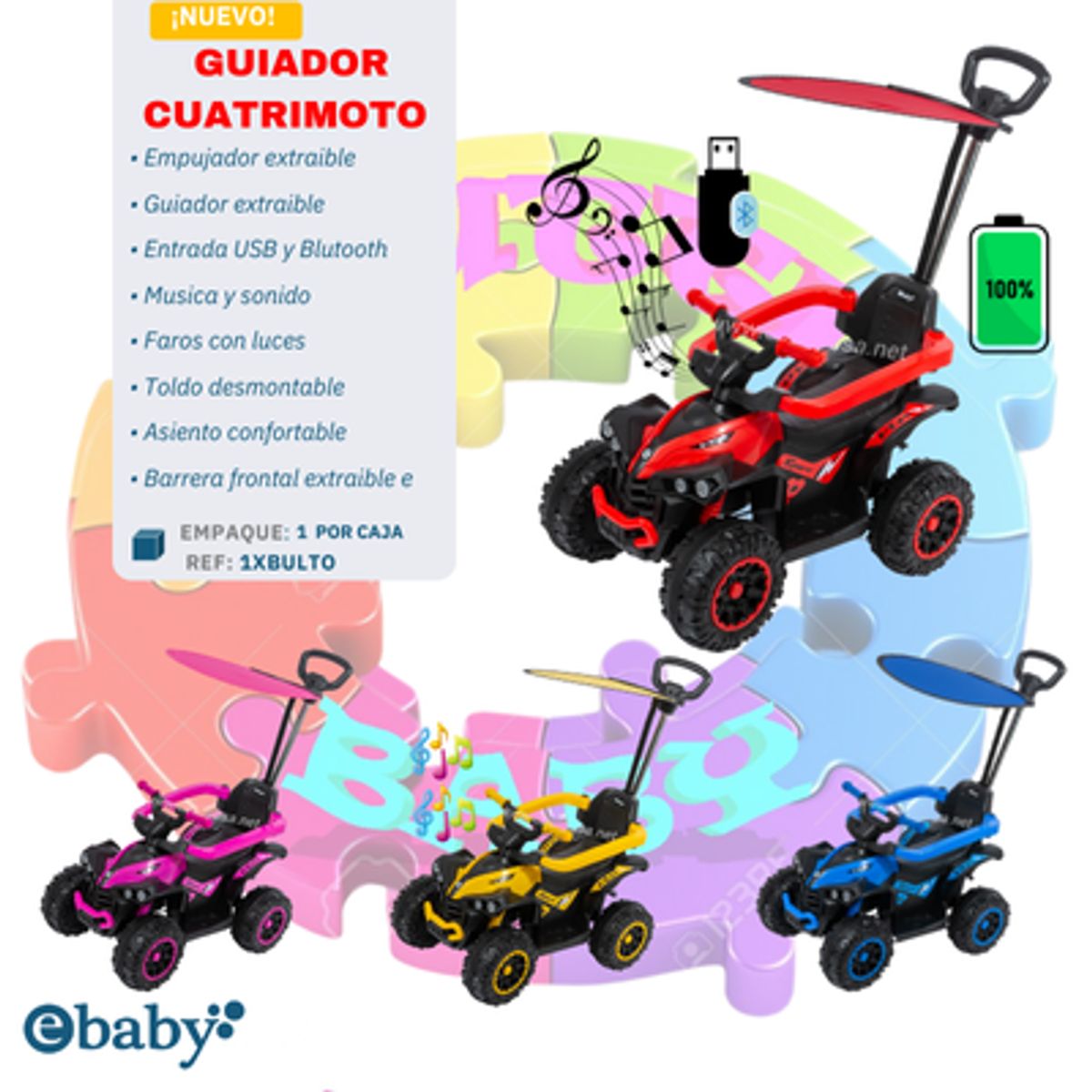 EBABY - NUEVA BUGGY GUIADOR CUATRIMOTO MUSICAL CON LUCES Y SOMBRILLA -  ROJO