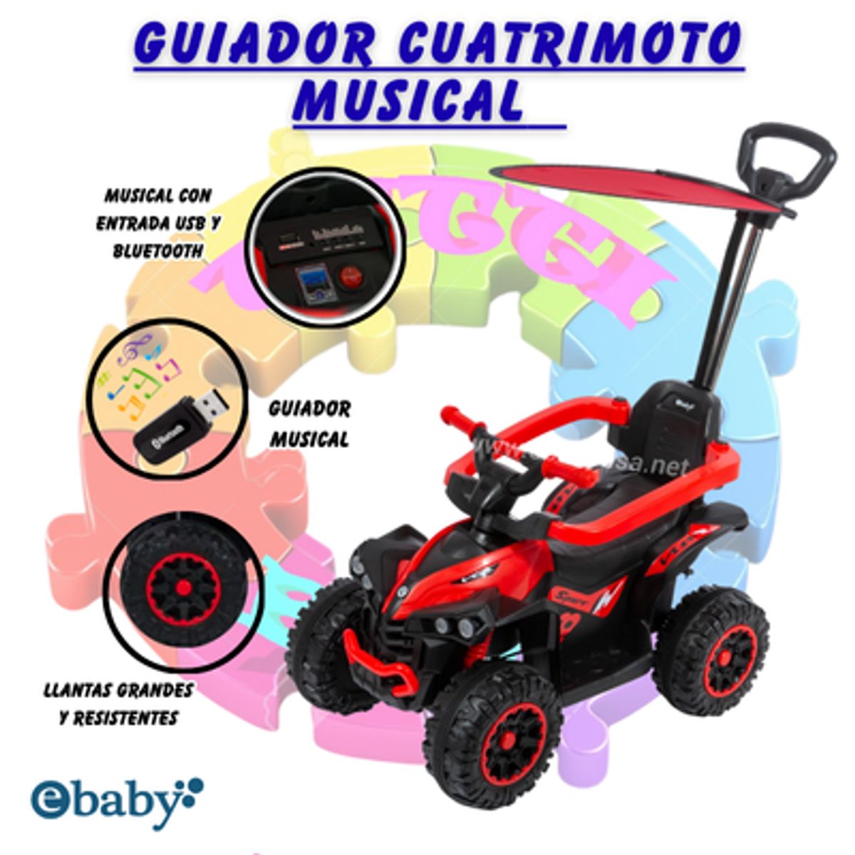 EBABY - NUEVA BUGGY GUIADOR CUATRIMOTO MUSICAL CON LUCES Y SOMBRILLA -  ROJO