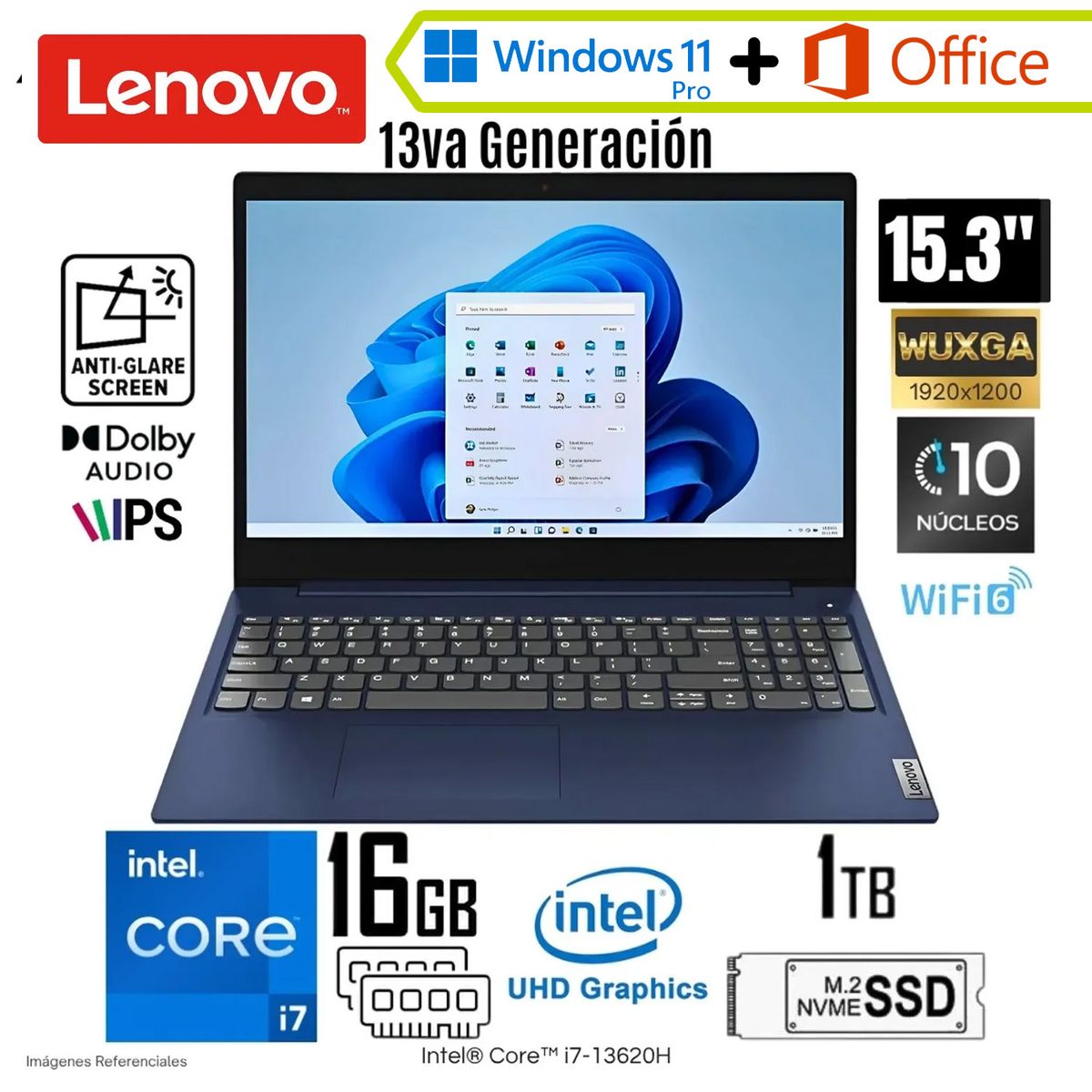 LENOVO - Laptop Lenovo Ideapad Slim 3 83K100NALM Intel Core i7-13620H 16GB RAM 1TB SSD 15.3" WUXGA