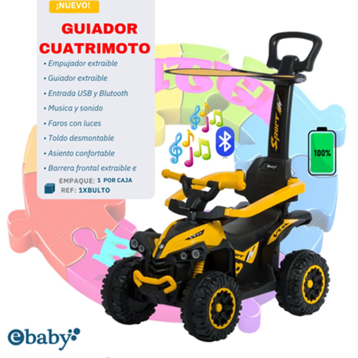 EBABY - NUEVO GUIADOR CUATRIMOTO MUSICAL CON LUCES Y SOMBRILLA -  AMARILLO