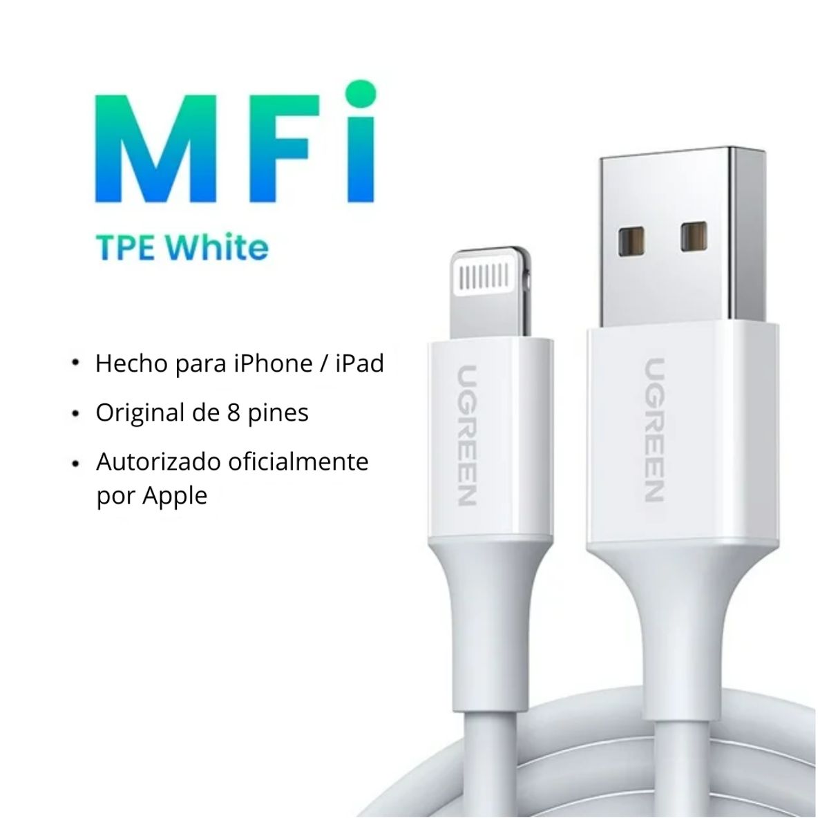 UGREEN - Cable UGREEN USB a Lightning 20w 1 Metro iPhone iPad Color Blanco