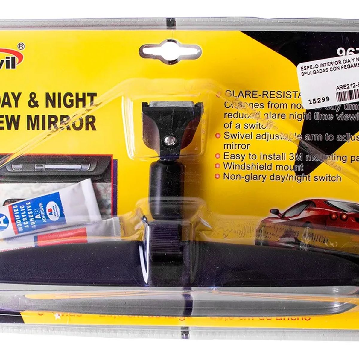 JET - Espejo Retrovisor Interior Autovil 10PuLG Universal Base Metálica Pegamento Incluido