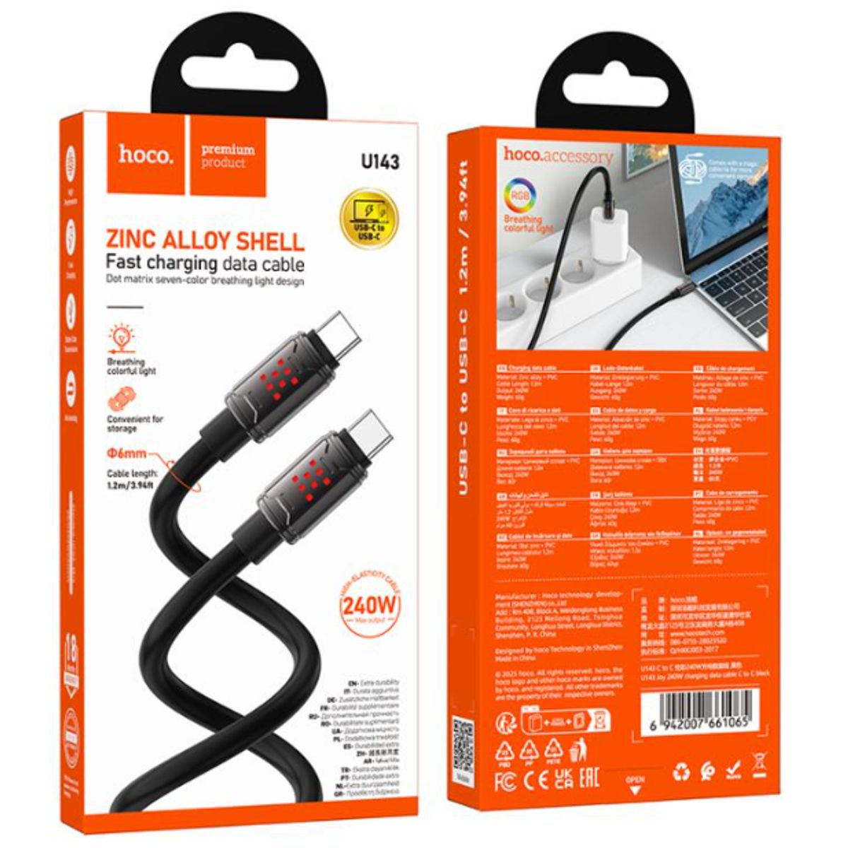HOCO - Cable Tipo C de Carga Rapida HOCO U143 240W USB-C A USB-C NEGRO