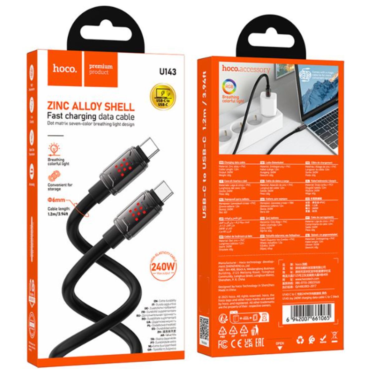 HOCO - Cable Tipo C de Carga Rapida HOCO U143 240W USB-C A USB-C NEGRO