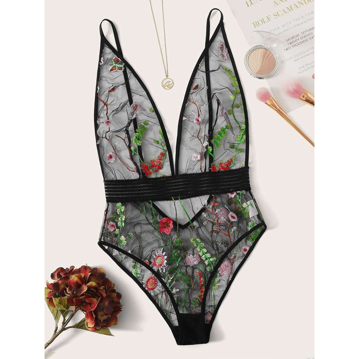 GENERICO - Body de Encaje “Botanic Bloom”  Transparencias Bordadas con Detalles Florales Talla M
