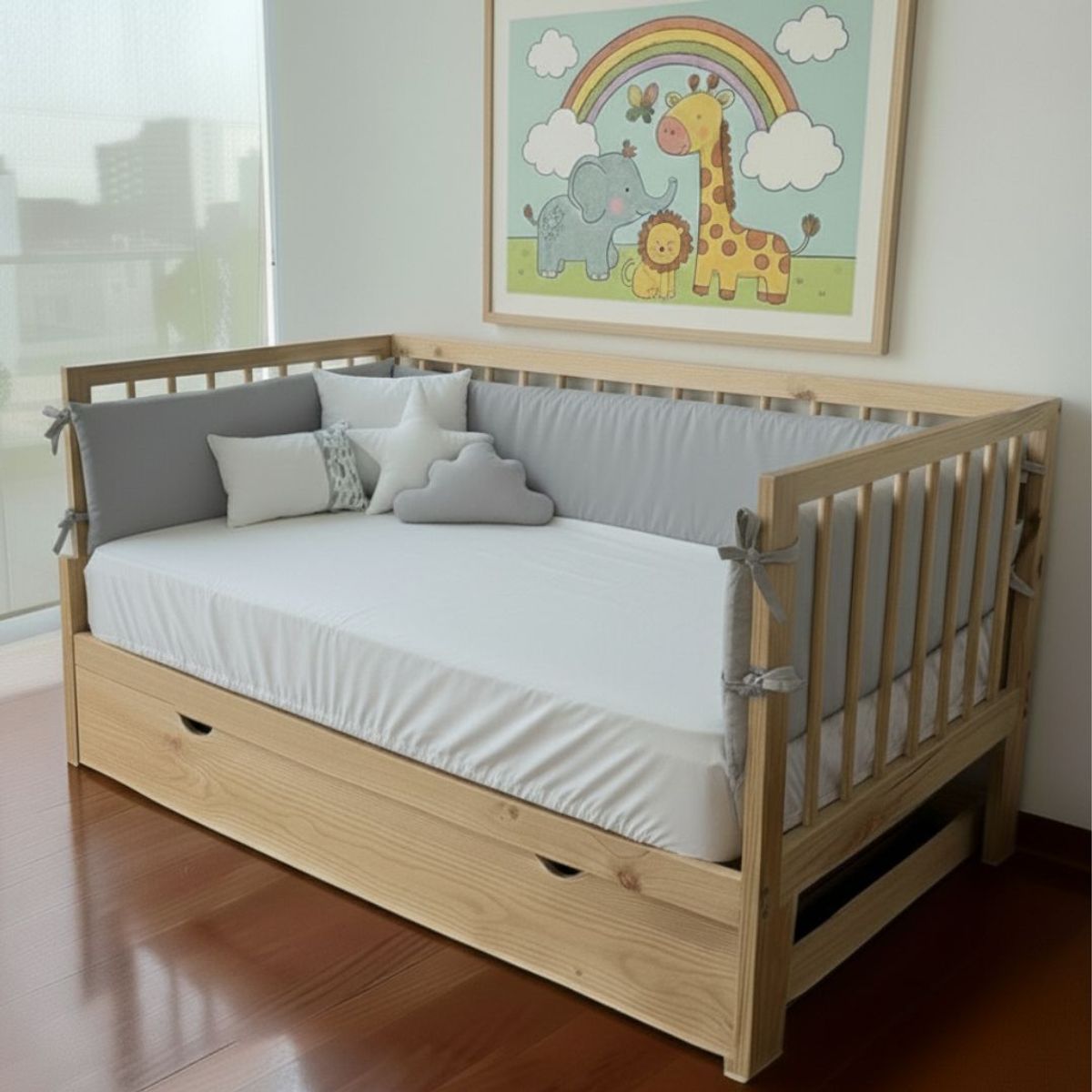 GENERICO - Protectores Laterales Parachoques de cama cuna Montessori 1.5 plazas- Diseño Plomo - 4 Piezas