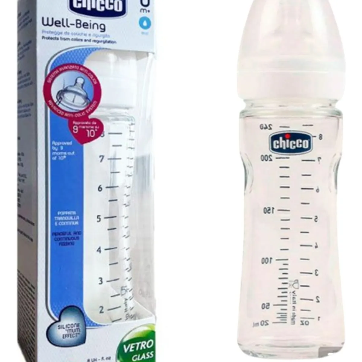 CHICCO - BIBERON DE PYREX  DE 240 ML WELL-BEING  ANTICOLICO