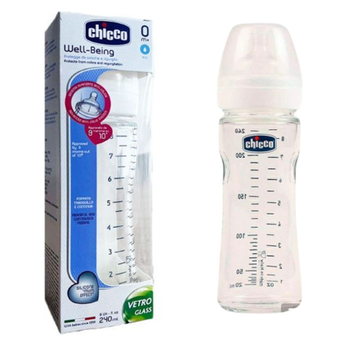 CHICCO - BIBERON DE PYREX  DE 240 ML WELL-BEING  ANTICOLICO