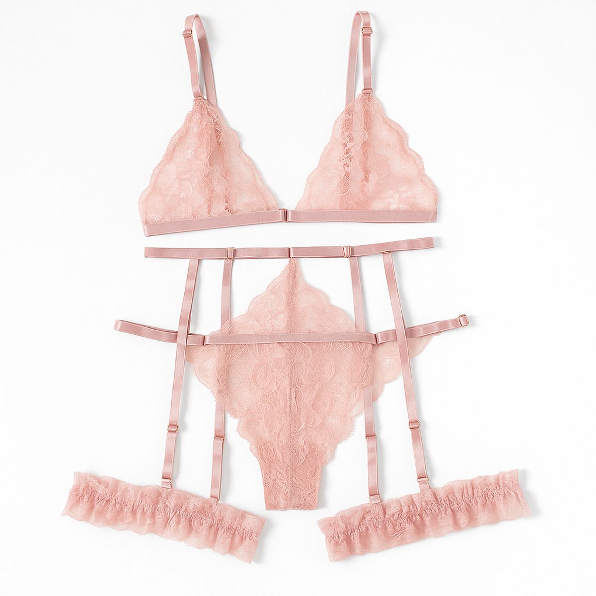 GENERICO - Conjunto de Lencería “Blush Romance”  Encaje Rosa con Liguero y Detalles Ajustables