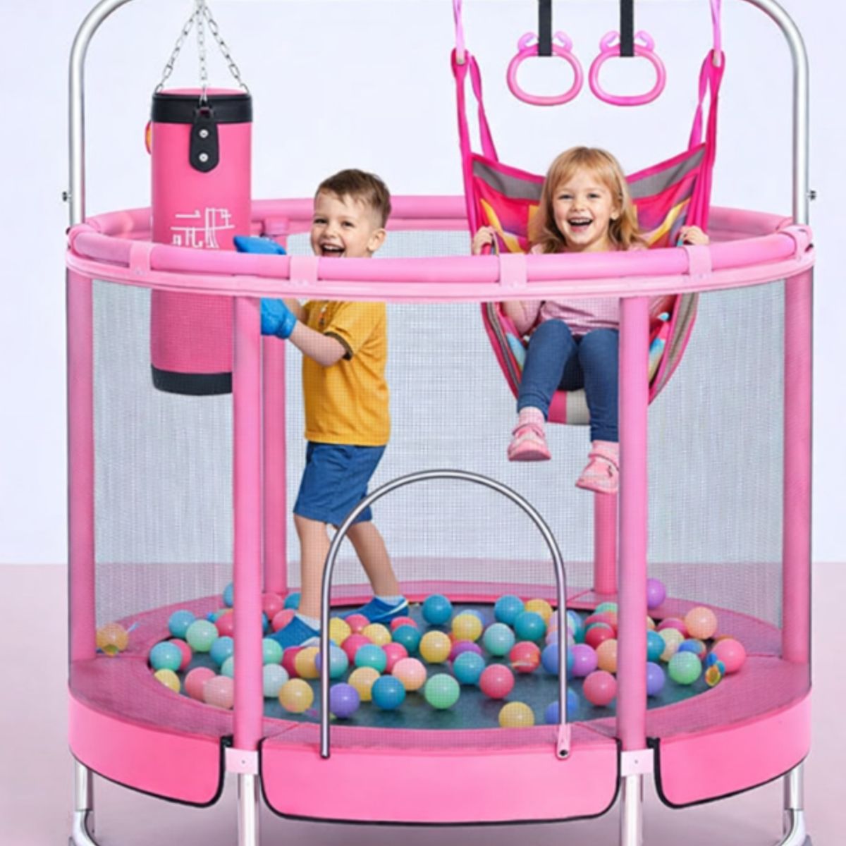 GENERICO - JUEGO CAMA SALTARÍN TRAMPOLÍN ELÁSTICA ACCESORIOS COMPLETOS INCLUYE PELOTAS ROSADO