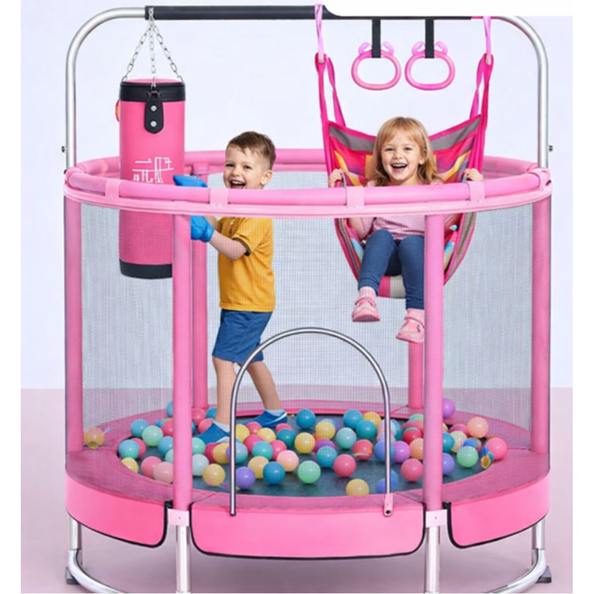 GENERICO - JUEGO CAMA SALTARÍN TRAMPOLÍN ELÁSTICA ACCESORIOS COMPLETOS INCLUYE PELOTAS ROSADO