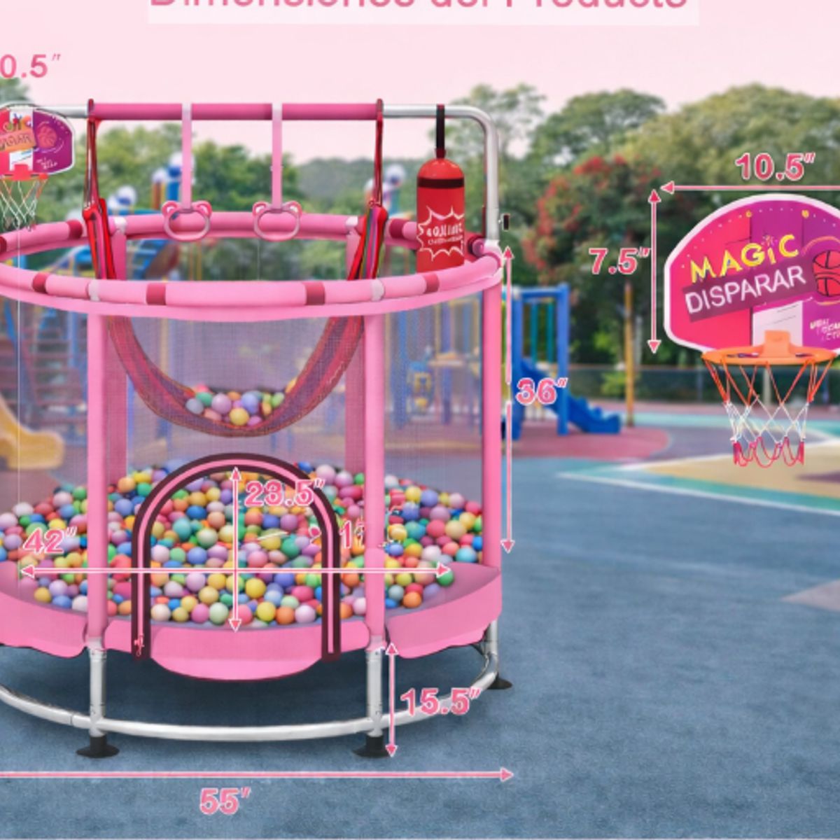 GENERICO - JUEGO CAMA SALTARÍN TRAMPOLÍN ELÁSTICA ACCESORIOS COMPLETOS INCLUYE PELOTAS ROSADO