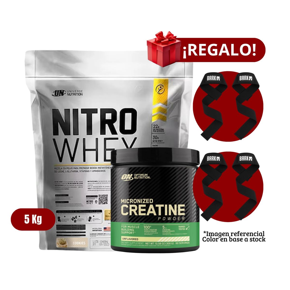 UNIVERSE NUTRITION - Proteína Nitro Whey 5Kg Cookies+Optimum Nutrition 300g+2 Straps